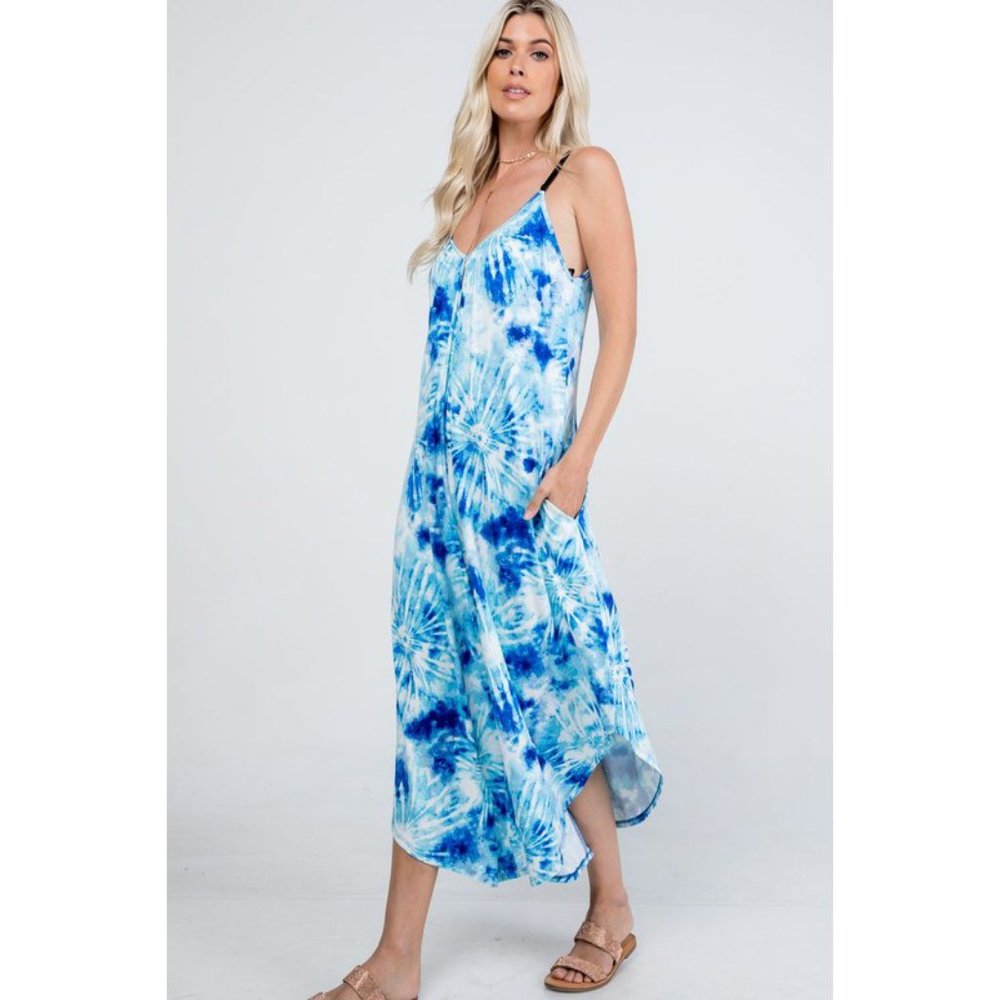 Tie Dye Blue/White V-Neck Jumpsuit with Pockets - Picture 7 of 7